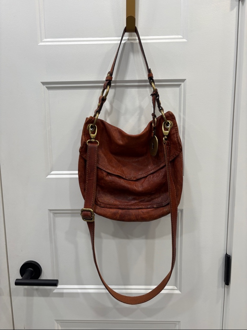 Fossil Long Live Vintage 1954 Brown Leather Shoulder Bag Purse Duffle Hobo